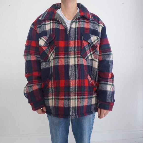 Vintage '70S Golden Bay Navy Red Plaid Teddy Bear Lined Rare Outdoor Jacket 2XL - Picture 2 of 13